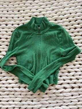 TNA Green Zip-Up Cropped Knit Jacket